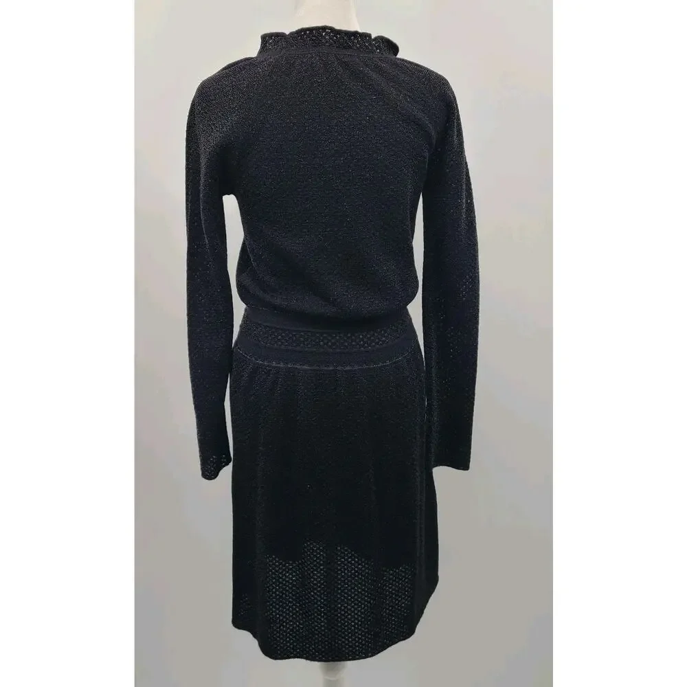 Tory Burch Black Isabelle Wool Knit Dress XS Sweater Semi Sheer Ruffle Neck‎